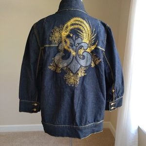 Dereon denim jacket- 2x 3/4 sleeve gold embroidery